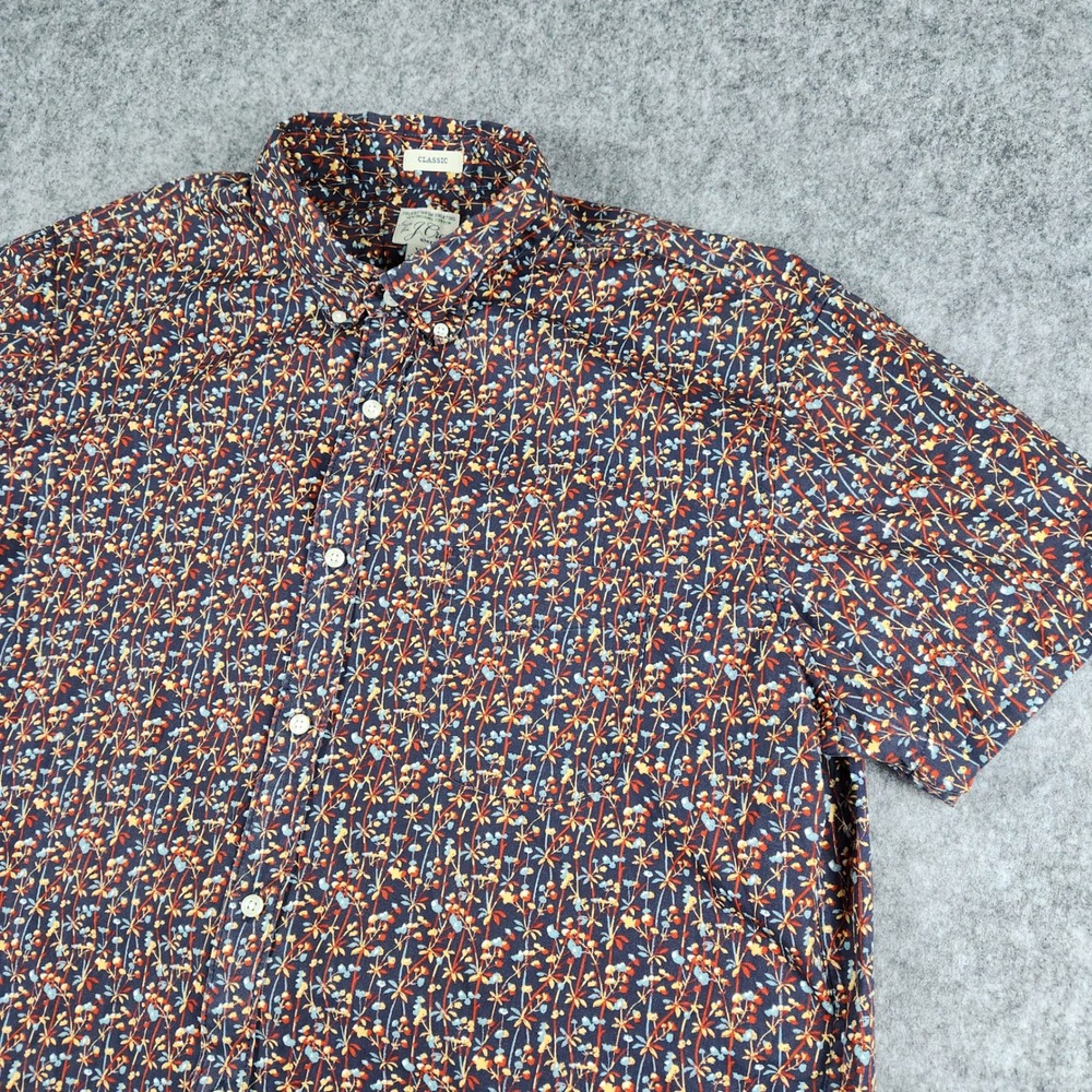 J Crew Secret Wash Poplin Bamboo Shirt Men XL Blue Floral Organic Cotton Aloha